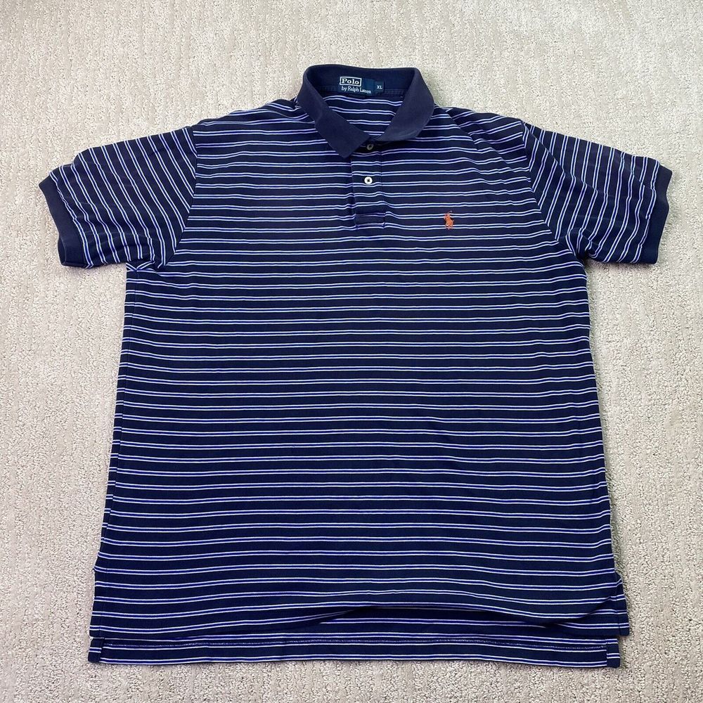 Polo Ralph Lauren Mens Polo Shirt‎ XL Blue Stripe Orange Logo Short Sleeve*
